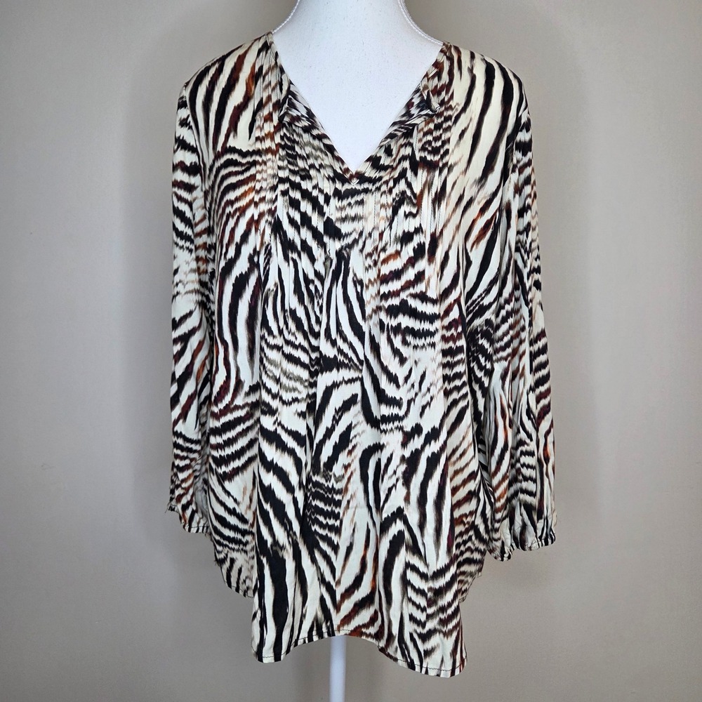 Liverpool Los Angeles Womens Zebra Tiger V-Neck Pleated Blouse Brown Black M‎